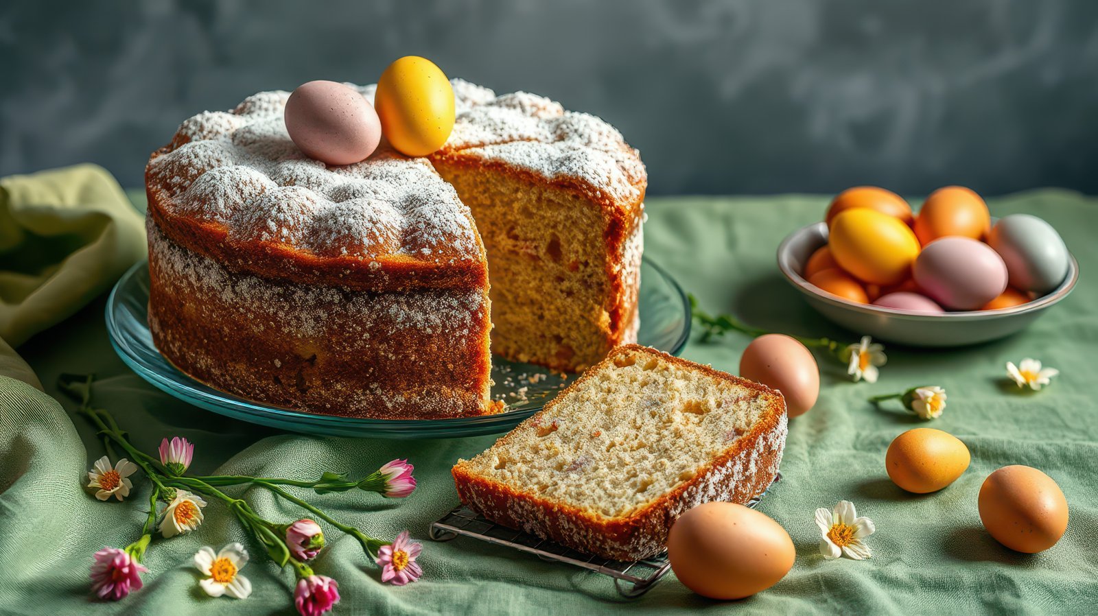 Festive spring cake with colorful eggs on a soft green tablecloth during a joyful Easter celebration